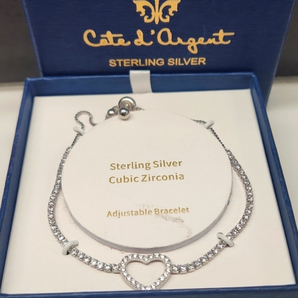 NIB CZ Sterling Silver Adjustable Heart Bracelet - Picture 5 of 5
